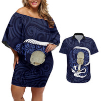 Blue New Zealand Eel Couples Matching Off Shoulder Short Dress and Hawaiian Shirt Aotearoa Maori Tuna With Kotiate Weapon LT14 Blue - Polynesian Pride