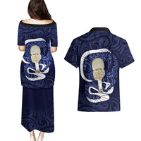 Blue New Zealand Eel Couples Matching Puletasi and Hawaiian Shirt Aotearoa Maori Tuna With Kotiate Weapon LT14 - Polynesian Pride