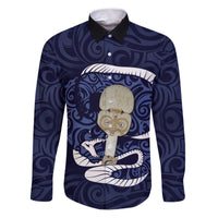 Blue New Zealand Eel Family Matching Puletasi and Hawaiian Shirt Aotearoa Maori Tuna With Kotiate Weapon LT14 Dad's Shirt - Long Sleeve Blue - Polynesian Pride