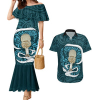Turquoise New Zealand Eel Couples Matching Mermaid Dress and Hawaiian Shirt Aotearoa Maori Tuna With Kotiate Weapon LT14 Turquoise - Polynesian Pride