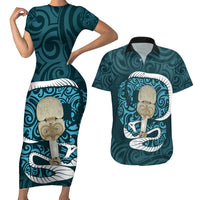 Turquoise New Zealand Eel Couples Matching Short Sleeve Bodycon Dress and Hawaiian Shirt Aotearoa Maori Tuna With Kotiate Weapon LT14 Turquoise - Polynesian Pride