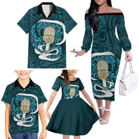 Turquoise New Zealand Eel Family Matching Off The Shoulder Long Sleeve Dress and Hawaiian Shirt Aotearoa Maori Tuna With Kotiate Weapon LT14 - Polynesian Pride