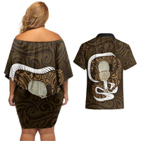 Gold New Zealand Eel Couples Matching Off Shoulder Short Dress and Hawaiian Shirt Aotearoa Maori Tuna With Kotiate Weapon LT14 - Polynesian Pride