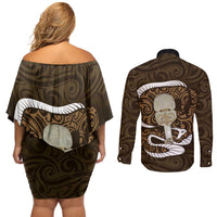 Gold New Zealand Eel Couples Matching Off Shoulder Short Dress and Long Sleeve Button Shirt Aotearoa Maori Tuna With Kotiate Weapon LT14 - Polynesian Pride