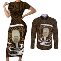 Gold New Zealand Eel Couples Matching Short Sleeve Bodycon Dress and Long Sleeve Button Shirt Aotearoa Maori Tuna With Kotiate Weapon LT14 Gold - Polynesian Pride
