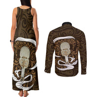 Gold New Zealand Eel Couples Matching Tank Maxi Dress and Long Sleeve Button Shirt Aotearoa Maori Tuna With Kotiate Weapon LT14 - Polynesian Pride