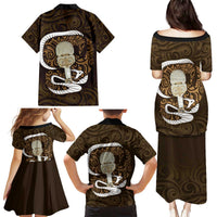 Gold New Zealand Eel Family Matching Puletasi and Hawaiian Shirt Aotearoa Maori Tuna With Kotiate Weapon LT14 - Polynesian Pride
