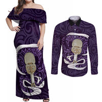 Purple New Zealand Eel Couples Matching Off Shoulder Maxi Dress and Long Sleeve Button Shirt Aotearoa Maori Tuna With Kotiate Weapon LT14 Purple - Polynesian Pride