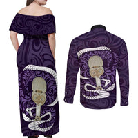 Purple New Zealand Eel Couples Matching Off Shoulder Maxi Dress and Long Sleeve Button Shirt Aotearoa Maori Tuna With Kotiate Weapon LT14 - Polynesian Pride