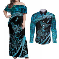 New Zealand Stingray Couples Matching Off Shoulder Maxi Dress and Long Sleeve Button Shirt Aotearoa Whai With Maori Paua Shell LT14 Turquoise - Polynesian Pride