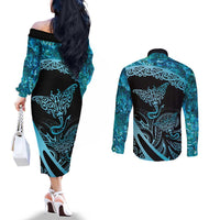 New Zealand Stingray Couples Matching Off The Shoulder Long Sleeve Dress and Long Sleeve Button Shirt Aotearoa Whai With Maori Paua Shell LT14 - Polynesian Pride