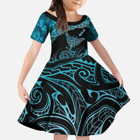 New Zealand Stingray Family Matching Long Sleeve Bodycon Dress and Hawaiian Shirt Aotearoa Whai With Maori Paua Shell LT14 Daughter's Dress Turquoise - Polynesian Pride