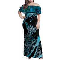 New Zealand Stingray Family Matching Off Shoulder Maxi Dress and Hawaiian Shirt Aotearoa Whai With Maori Paua Shell LT14 Mom's Dress Turquoise - Polynesian Pride