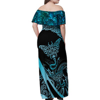 New Zealand Stingray Family Matching Off Shoulder Maxi Dress and Hawaiian Shirt Aotearoa Whai With Maori Paua Shell LT14 - Polynesian Pride