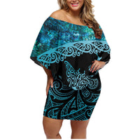 New Zealand Stingray Family Matching Off Shoulder Short Dress and Hawaiian Shirt Aotearoa Whai With Maori Paua Shell LT14 Mom's Dress Turquoise - Polynesian Pride