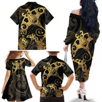 Black And Gold Aotearoa Whai Family Matching Off The Shoulder Long Sleeve Dress and Hawaiian Shirt NZ Stingrays Maori Curves Style LT14 - Polynesian Pride