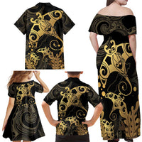 Black And Gold Aotearoa Whai Family Matching Off Shoulder Maxi Dress and Hawaiian Shirt NZ Stingrays Maori Curves Style LT14 - Polynesian Pride