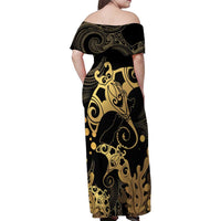 Black And Gold Aotearoa Whai Family Matching Off Shoulder Maxi Dress and Hawaiian Shirt NZ Stingrays Maori Curves Style LT14 - Polynesian Pride