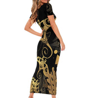 Black And Gold Aotearoa Whai Family Matching Short Sleeve Bodycon Dress and Hawaiian Shirt NZ Stingrays Maori Curves Style LT14 - Polynesian Pride