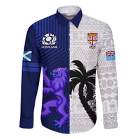 Fiji And Scotland Rugby Family Matching Off Shoulder Maxi Dress and Hawaiian Shirt Fijian Tapa Pattern With Thistle LT14 Dad's Shirt - Long Sleeve Blue - Polynesian Pride