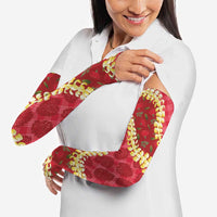 Red Palaka Hawaii Mele Kalikimaka Arm Sleeves Ohia Lehua Monstera Puakenikeni Lei - Polynesian Pride