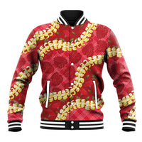 Red Palaka Hawaii Mele Kalikimaka Baseball Jacket Ohia Lehua Monstera Puakenikeni Lei - Polynesian Pride
