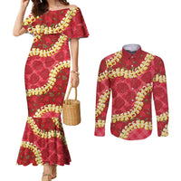Red Palaka Hawaii Mele Kalikimaka Couples Matching Mermaid Dress and Long Sleeve Button Shirt Ohia Lehua Monstera Puakenikeni Lei LT14 Red - Polynesian Pride