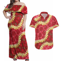 Red Palaka Hawaii Mele Kalikimaka Couples Matching Off Shoulder Maxi Dress and Hawaiian Shirt Ohia Lehua Monstera Puakenikeni Lei LT14 Red - Polynesian Pride