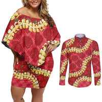 Red Palaka Hawaii Mele Kalikimaka Couples Matching Off Shoulder Short Dress and Long Sleeve Button Shirt Ohia Lehua Monstera Puakenikeni Lei LT14 Red - Polynesian Pride