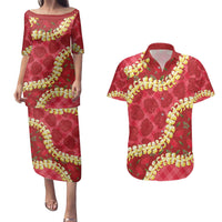Red Palaka Hawaii Mele Kalikimaka Couples Matching Puletasi and Hawaiian Shirt Ohia Lehua Monstera Puakenikeni Lei LT14 Red - Polynesian Pride