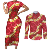 Red Palaka Hawaii Mele Kalikimaka Couples Matching Short Sleeve Bodycon Dress and Long Sleeve Button Shirt Ohia Lehua Monstera Puakenikeni Lei LT14 Red - Polynesian Pride