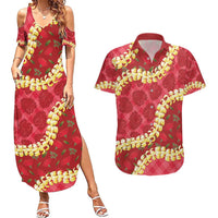 Red Palaka Hawaii Mele Kalikimaka Couples Matching Summer Maxi Dress and Hawaiian Shirt Ohia Lehua Monstera Puakenikeni Lei LT14 Red - Polynesian Pride
