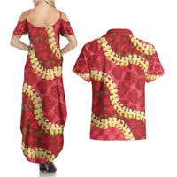 Red Palaka Hawaii Mele Kalikimaka Couples Matching Summer Maxi Dress and Hawaiian Shirt Ohia Lehua Monstera Puakenikeni Lei LT14 - Polynesian Pride