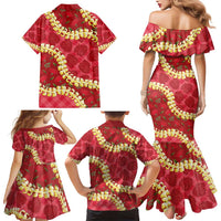 Red Palaka Hawaii Mele Kalikimaka Family Matching Mermaid Dress and Hawaiian Shirt Ohia Lehua Monstera Puakenikeni Lei LT14 - Polynesian Pride