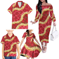 Red Palaka Hawaii Mele Kalikimaka Family Matching Off The Shoulder Long Sleeve Dress and Hawaiian Shirt Ohia Lehua Monstera Puakenikeni Lei LT14 - Polynesian Pride