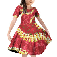 Red Palaka Hawaii Mele Kalikimaka Family Matching Off Shoulder Short Dress and Hawaiian Shirt Ohia Lehua Monstera Puakenikeni Lei LT14 Daughter's Dress Red - Polynesian Pride