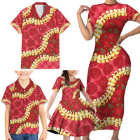 Red Palaka Hawaii Mele Kalikimaka Family Matching Short Sleeve Bodycon Dress and Hawaiian Shirt Ohia Lehua Monstera Puakenikeni Lei LT14 - Polynesian Pride