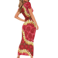 Red Palaka Hawaii Mele Kalikimaka Family Matching Short Sleeve Bodycon Dress and Hawaiian Shirt Ohia Lehua Monstera Puakenikeni Lei LT14 - Polynesian Pride