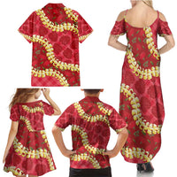Red Palaka Hawaii Mele Kalikimaka Family Matching Summer Maxi Dress and Hawaiian Shirt Ohia Lehua Monstera Puakenikeni Lei LT14 - Polynesian Pride