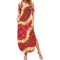 Red Palaka Hawaii Mele Kalikimaka Family Matching Summer Maxi Dress and Hawaiian Shirt Ohia Lehua Monstera Puakenikeni Lei LT14 Mom's Dress Red - Polynesian Pride