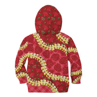 Red Palaka Hawaii Mele Kalikimaka Kid Hoodie Ohia Lehua Monstera Puakenikeni Lei LT14 - Polynesian Pride