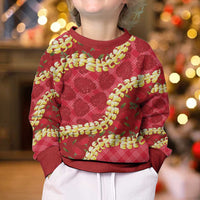 Red Palaka Hawaii Mele Kalikimaka Kid Ugly Christmas Sweater Ohia Lehua Monstera Puakenikeni Lei LT14 - Polynesian Pride