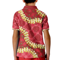 Red Palaka Hawaii Mele Kalikimaka Kid Polo Shirt Ohia Lehua Monstera Puakenikeni Lei LT14 - Polynesian Pride