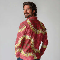 Red Palaka Hawaii Mele Kalikimaka Long Sleeve Polo Shirt Ohia Lehua Monstera Puakenikeni Lei LT14 - Polynesian Pride
