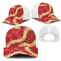 Red Palaka Hawaii Mele Kalikimaka Mesh Trucker Cap Ohia Lehua Monstera Puakenikeni Lei - Polynesian Pride