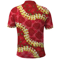 Red Palaka Hawaii Mele Kalikimaka Polo Shirt Ohia Lehua Monstera Puakenikeni Lei LT14 - Polynesian Pride