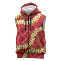 Red Palaka Hawaii Mele Kalikimaka Sleeveless Zip Hoodie Ohia Lehua Monstera Puakenikeni Lei LT14 Red - Polynesian Pride
