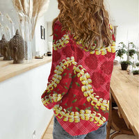 Red Palaka Hawaii Mele Kalikimaka Women Casual Shirt Ohia Lehua Monstera Puakenikeni Lei LT14 - Polynesian Pride