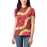 Red Palaka Hawaii Mele Kalikimaka Women Polo Shirt Ohia Lehua Monstera Puakenikeni Lei LT14 - Polynesian Pride