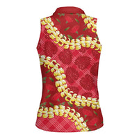 Red Palaka Hawaii Mele Kalikimaka Women Sleeveless Polo Shirt Ohia Lehua Monstera Puakenikeni Lei LT14 - Polynesian Pride